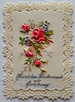 RAR: Glückwunschkarte Zelluloid geprägt, Rosenbouquet, 1900
