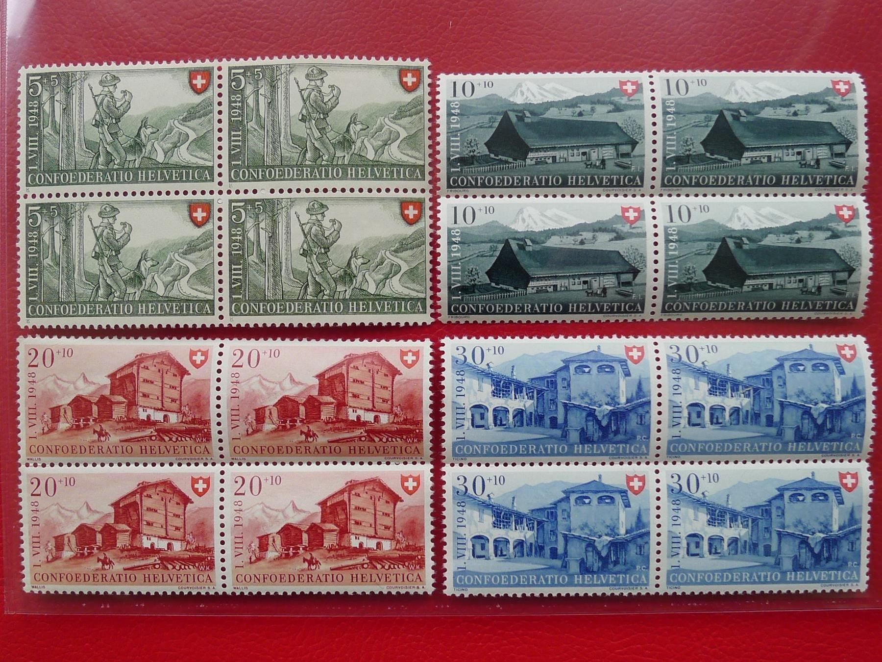 Tutti i francobolli: 1948, B38-B41 ** postfrische Viererblöcke, Kat: 48.- – Usato da Sursee venduto da Luzernerraute