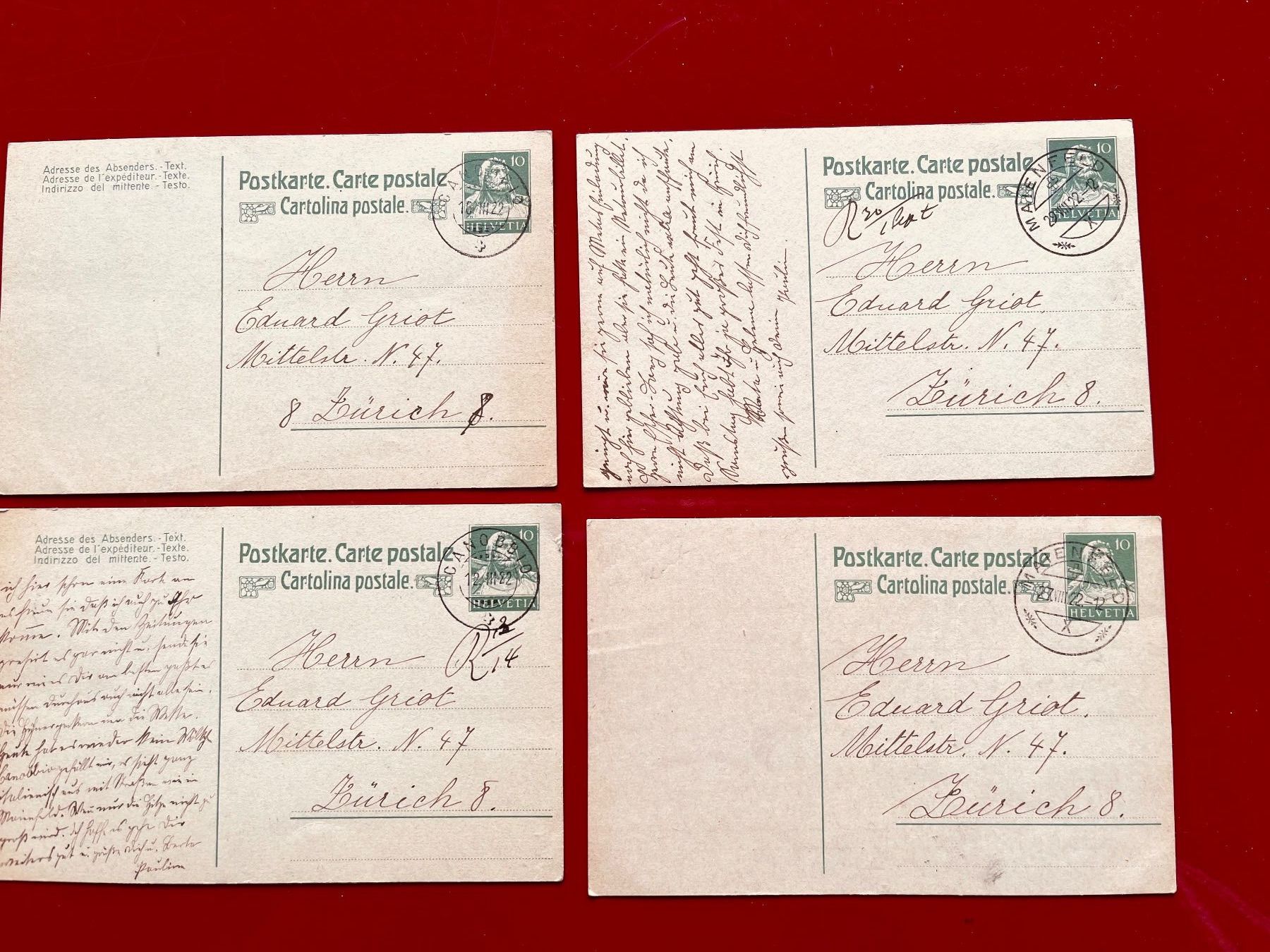 Cartoline postali: 4 Schweizer Postkarten, beschrieben, gestempelt von 1922 – Usato da Adliswil venduto da eri.40