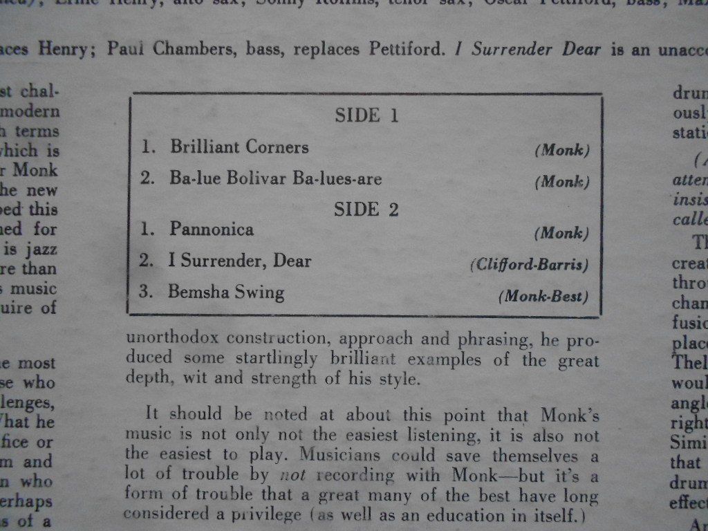 Dischi in vinile: THELONIOUS MONK  -  BRILLIANT CORNERS – Usato da Bex venduto da Giorgiob 2