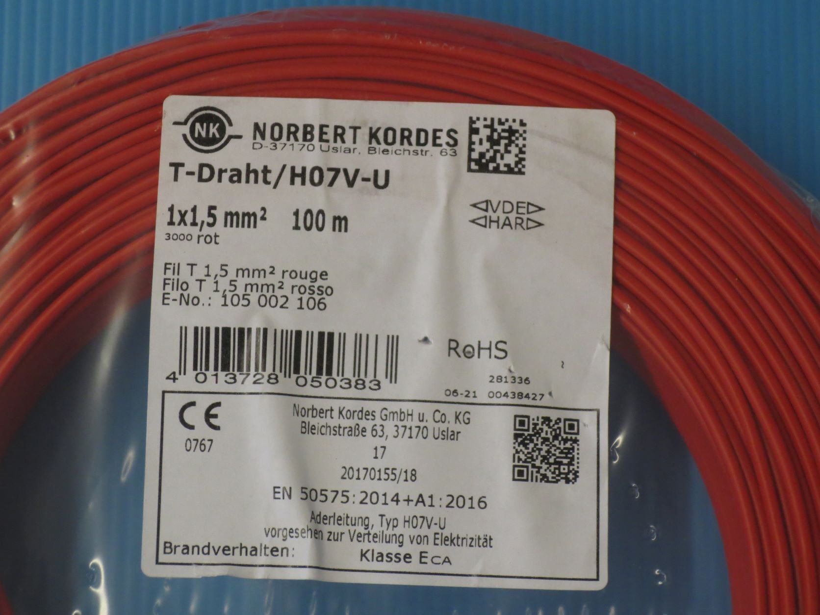 Cavi: 100m T-Draht 1.5mm2 rot Installationsdraht H07V-U – Nuovo e nell'imballaggio originale da Sulz LU venduto da Elektrofachverkauf 1