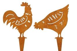 Huhn & Hahn zum Stecken Rostoptik Metall 12xH24cm