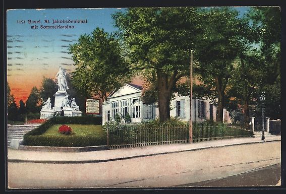 Ansichtskarten: Basel, St. Jakobsdenkmal mit Sommerkasin – Gebraucht aus Berlin von bartko-reher