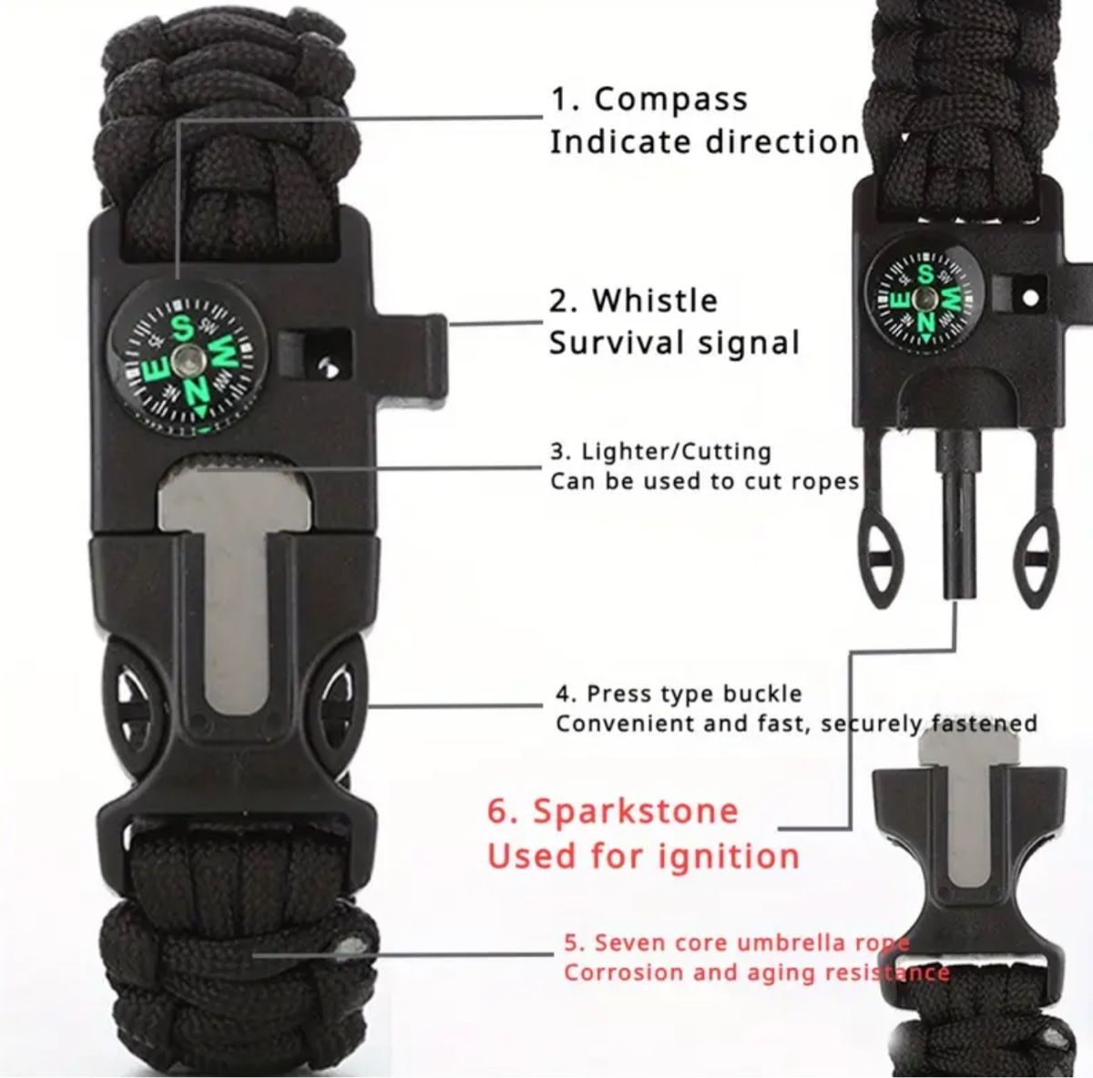Bracciali & Braccialetti: 7in1 Survival Armband mit Kompass & Feuerstarter – Nuovo e nell'imballaggio originale da Suhr venduto da SchnapperCH 1