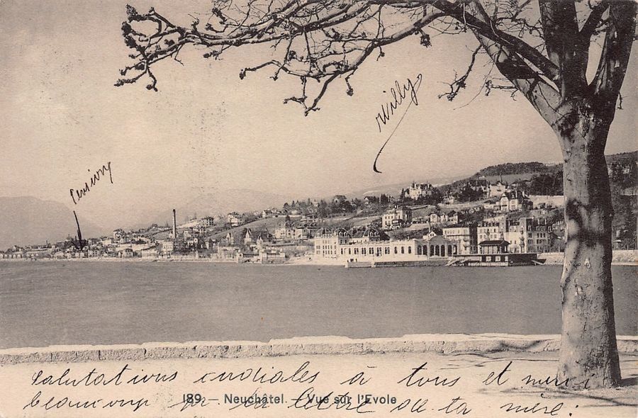 Ansichtskarten: Neuchâtel, Vue sur l'Evole, circulée 1908 – Gebraucht aus Frauenfeld von POML