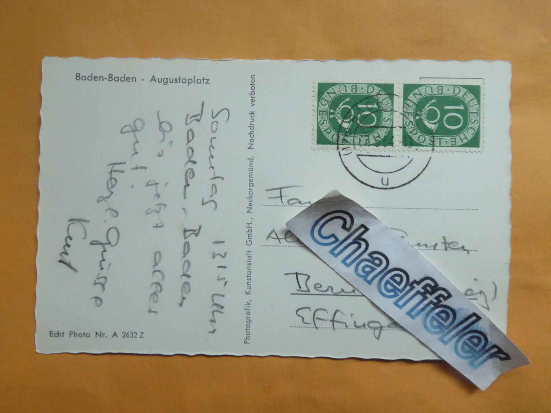 Ansichtskarten: 1957 Baden-Baden - Augustaplatz – Gebraucht aus Zürich von Chaeffeler 1