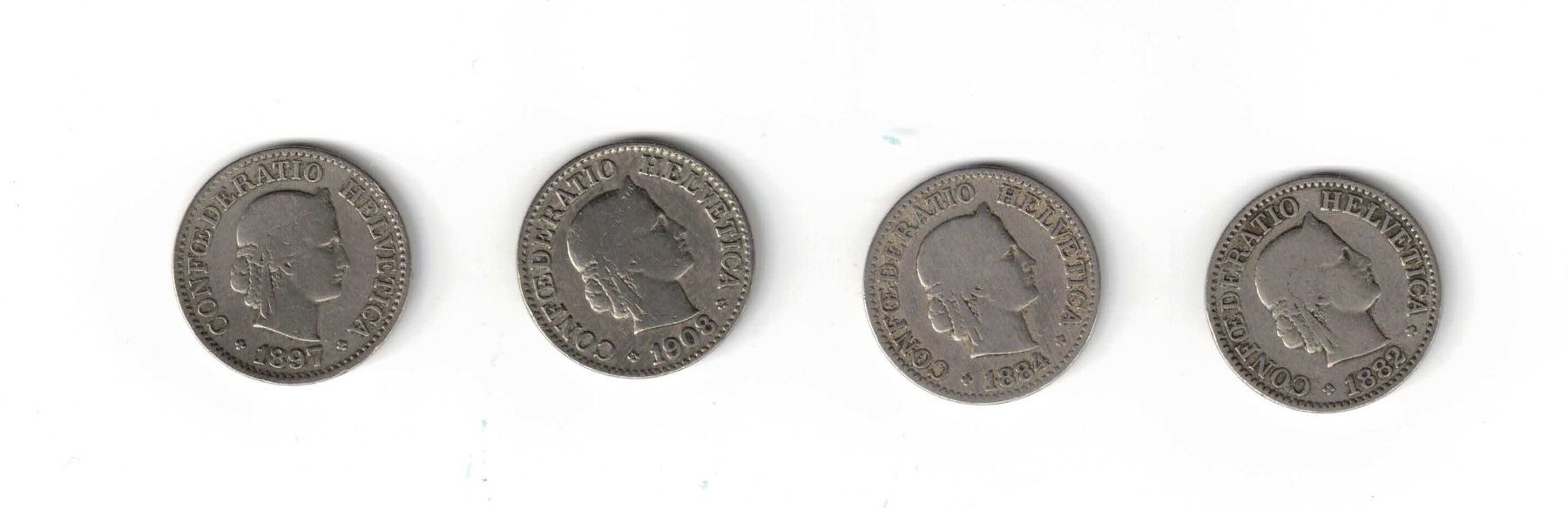 Alle Münzen: 4 alte 10 Rappen  1882, 1884, 1897, 1908 – Gebraucht aus Bottmingen von Golferin