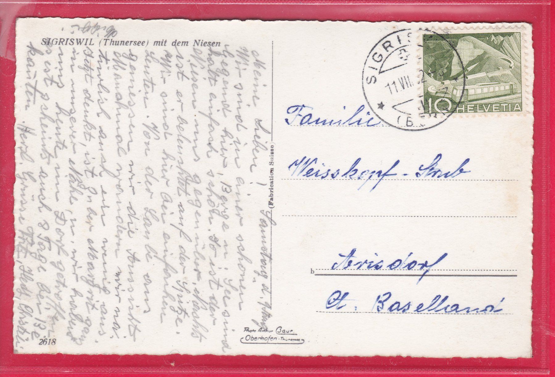 Ansichtskarten: SIGRISWIL MIT DEM NIESEN, 11.8.1952 – Gebraucht aus Oberrieden von Gebirgsstelze 1