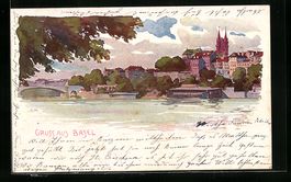 Basel, Panorama mit Flusspartie und Br