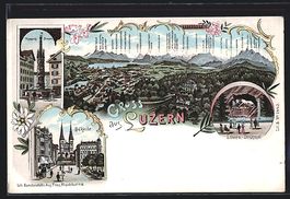 Litho Luzern, Weinmarkt-Brunnen, Hofkirc