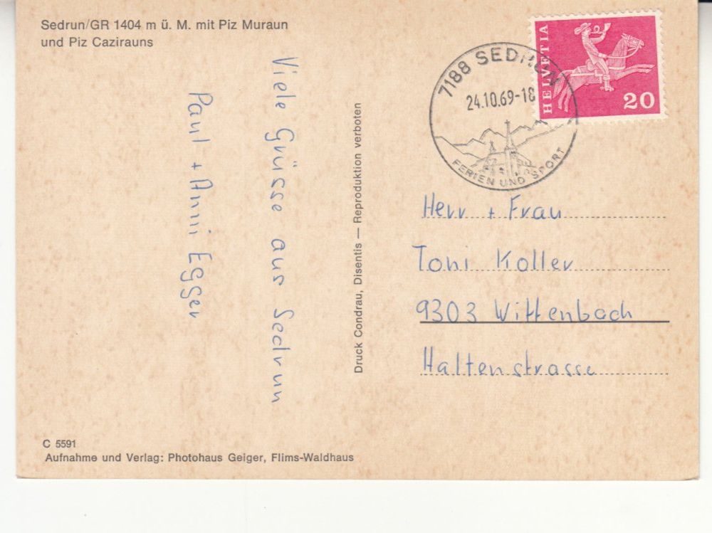 Cartoline postali: Sedrun 1969 – Usato da Bürglen TG venduto da StampGraf 1