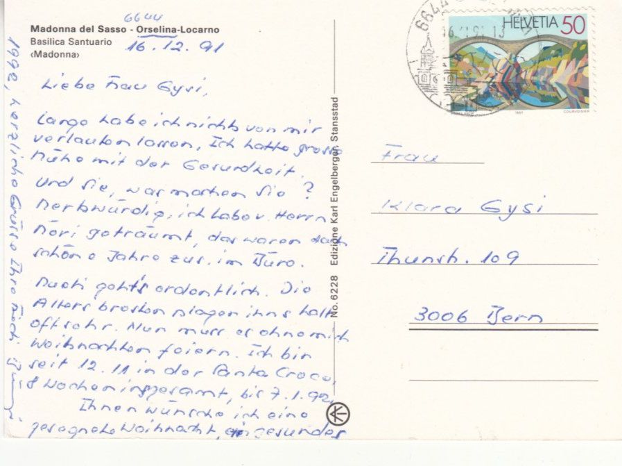 Ansichtskarten: Madonna del Sasso 1991 – Gebraucht aus Bürglen TG von StampGraf 1
