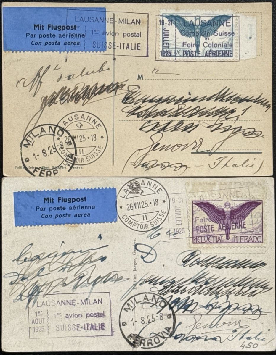 Tutti i francobolli: Schweiz Flugpost Lausanne Mailand 1925 2 Karten – Usato da birsfelden venduto da tim0444
