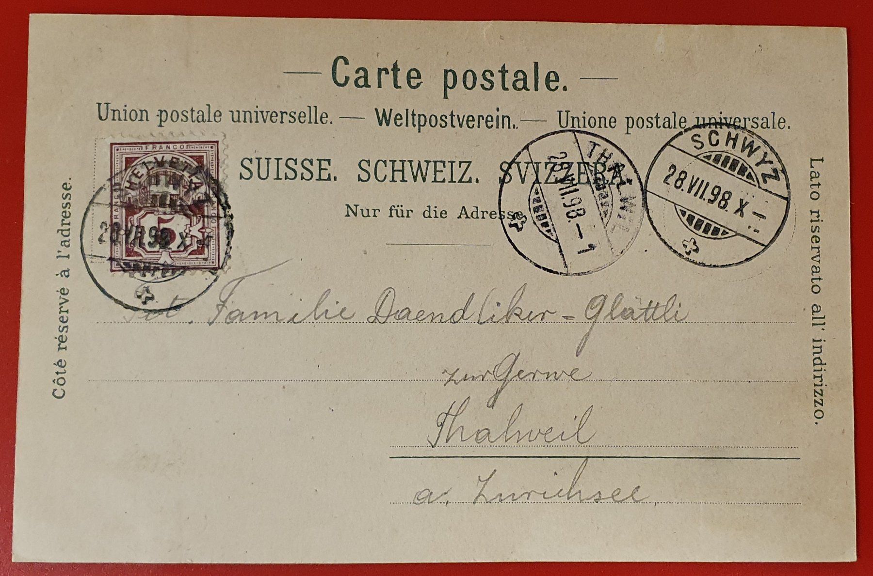 Ansichtskarten: Gruss aus Schwyz 1898 – Gebraucht aus Kreuzlingen von Rschweiz1 1