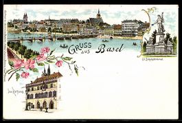 Lithographie Basel, Rheinpartie, Das Rathhaus, Strassburger 