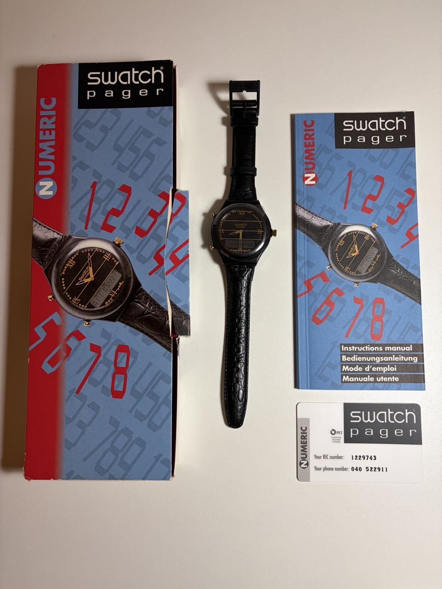 Swatch Orologi: SWATCH PAGER Numeric - Neuf en boîte avec documents PTT – Nuovo e nell'imballaggio originale da Coppet venduto da ACBL