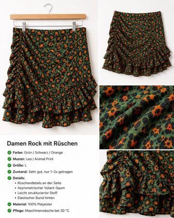 Damen Rüschenrock Leo-Print Grün/Schwarz/Orange – Gr. L