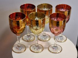 6 Vintage Murano Weingläser Golddekor 1970er