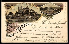 Lithographie Aarburg, Hotel Krone und Teilansicht des Ortes 