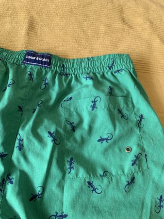 Badeshorts, ca. M, grün mit blauen Geckos