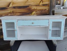 Wandregal Shabby Chic mit Tueren und Schublade Weiss/Blau