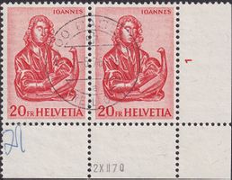 1961, Nr.384 im Paar (Evangel.)Eckrandstück mit Bogennummer.