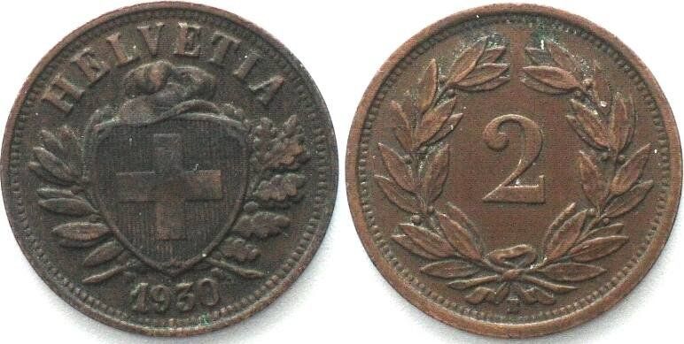 Tutti le monete: Schweiz EIDGENOSSENSCHAFT 2 Rappen 1930 Bronze vz – Usato da Riehen venduto da sesambestcoins2004