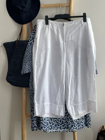 🍀🌺🍀 Pantalon large 7/8 lin blanc 48, porté 2x