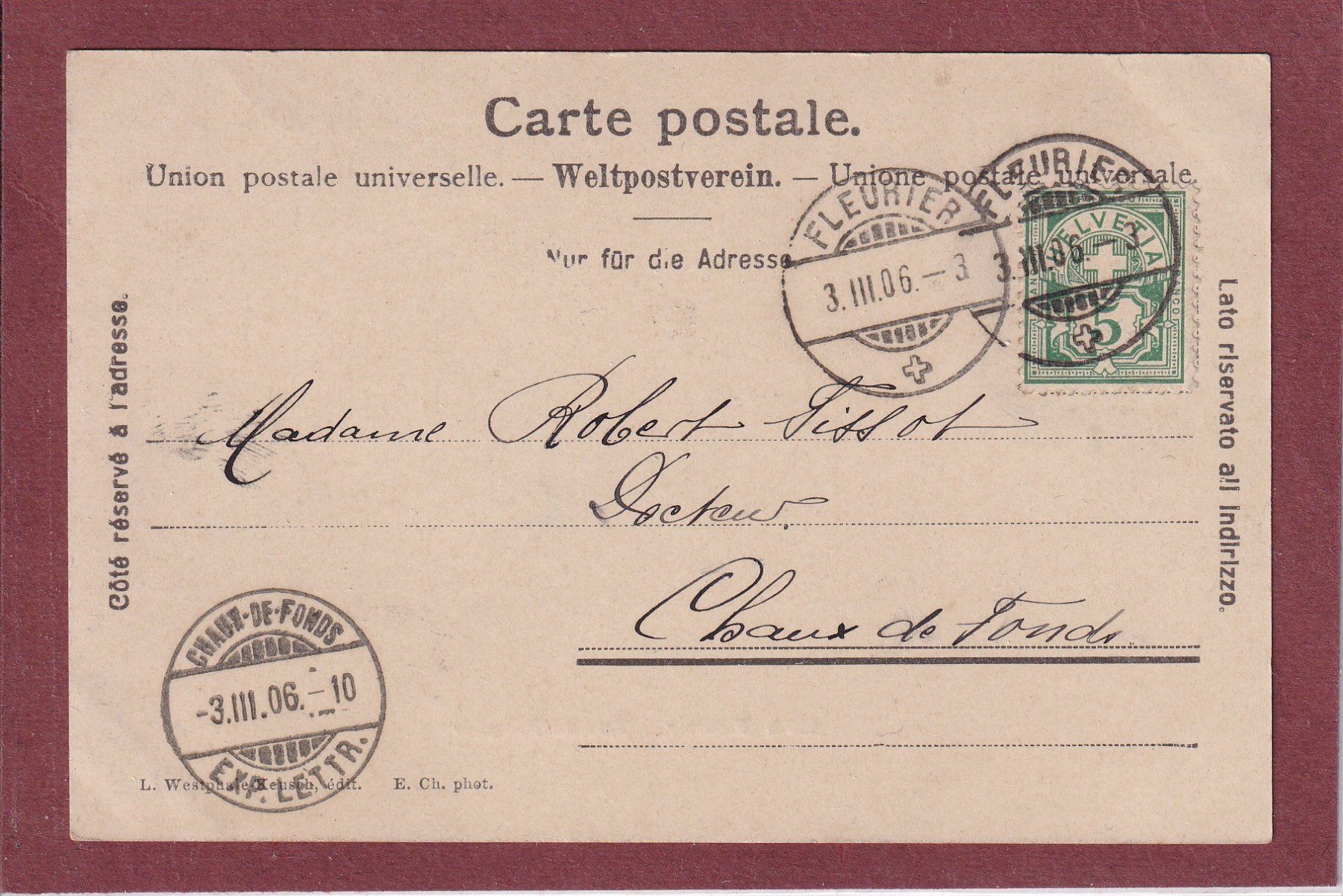 Cartes postales: Fleurier - rue du Pasquier - 1906 – D'occasion à Orvin par Pyaeschli 1