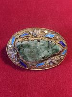 Brosche Jade Emaille Filigran verziert 8.1 Gramm