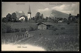 AK Aeschi /BE, Ortsansicht mit Sigriswyl-Grat und Beatenberg