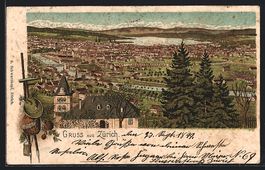 Litho Zürich, Panoramablick mit Kirche 