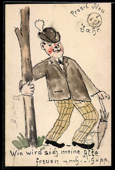 Cartoline postali: Handgemalt: Betrunkener Mann hält sich  – Usato da Berlin venduto da bartko-reher