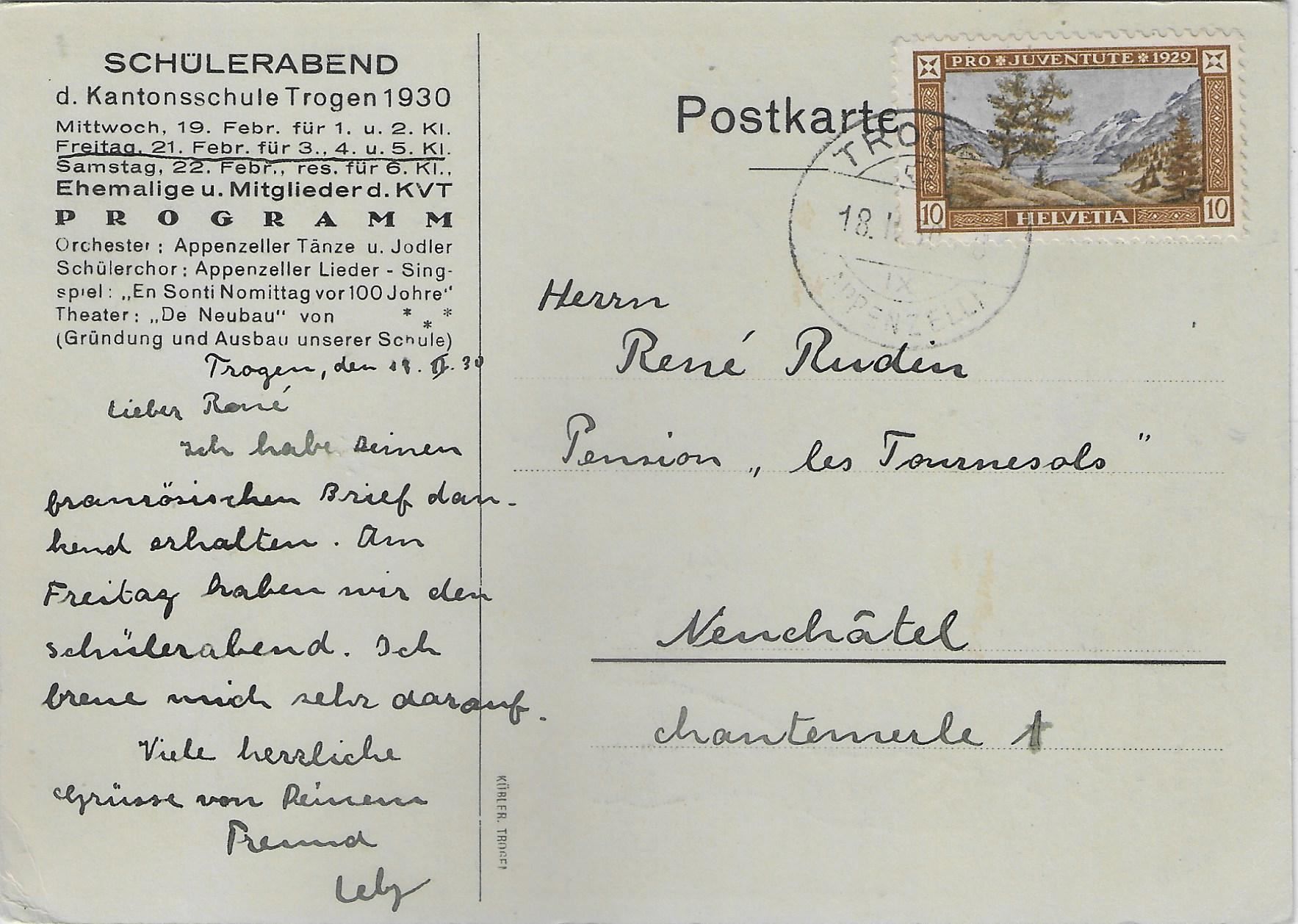 Ansichtskarten: Schülerabend Trogen 1930 – Gebraucht aus Ettingen von Kartenplanet 1