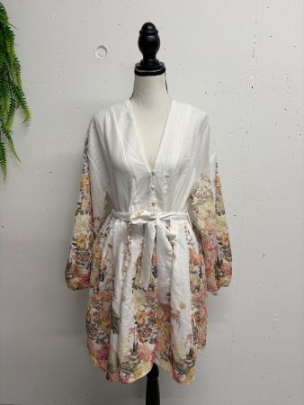 Lady Politan Kleid Blumenmuster L beige weiss langarm Leinen
