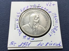 5 Franken Silbermünze 1931 mit 10 Sterne über Kopf VZ ++