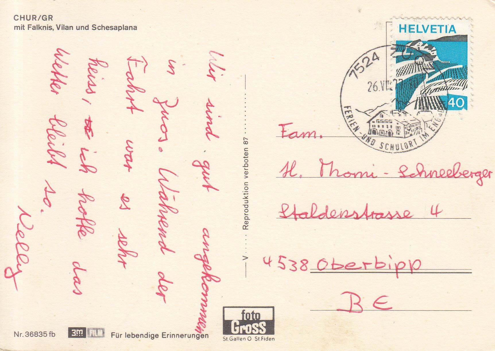 Ansichtskarten: Chur 1977 – Gebraucht aus Bürglen TG von StampGraf 1