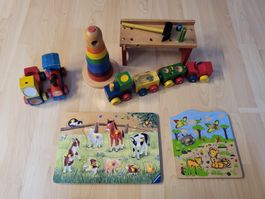 Holzspielzeug-Set: Zug, Werkbank, Puzzles - Top Zustand!