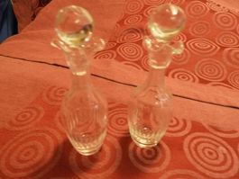 GLASKARAFFE  OEL, ESSIG 14 CM, + 1 DEKO, AUS 1950  ANTIK