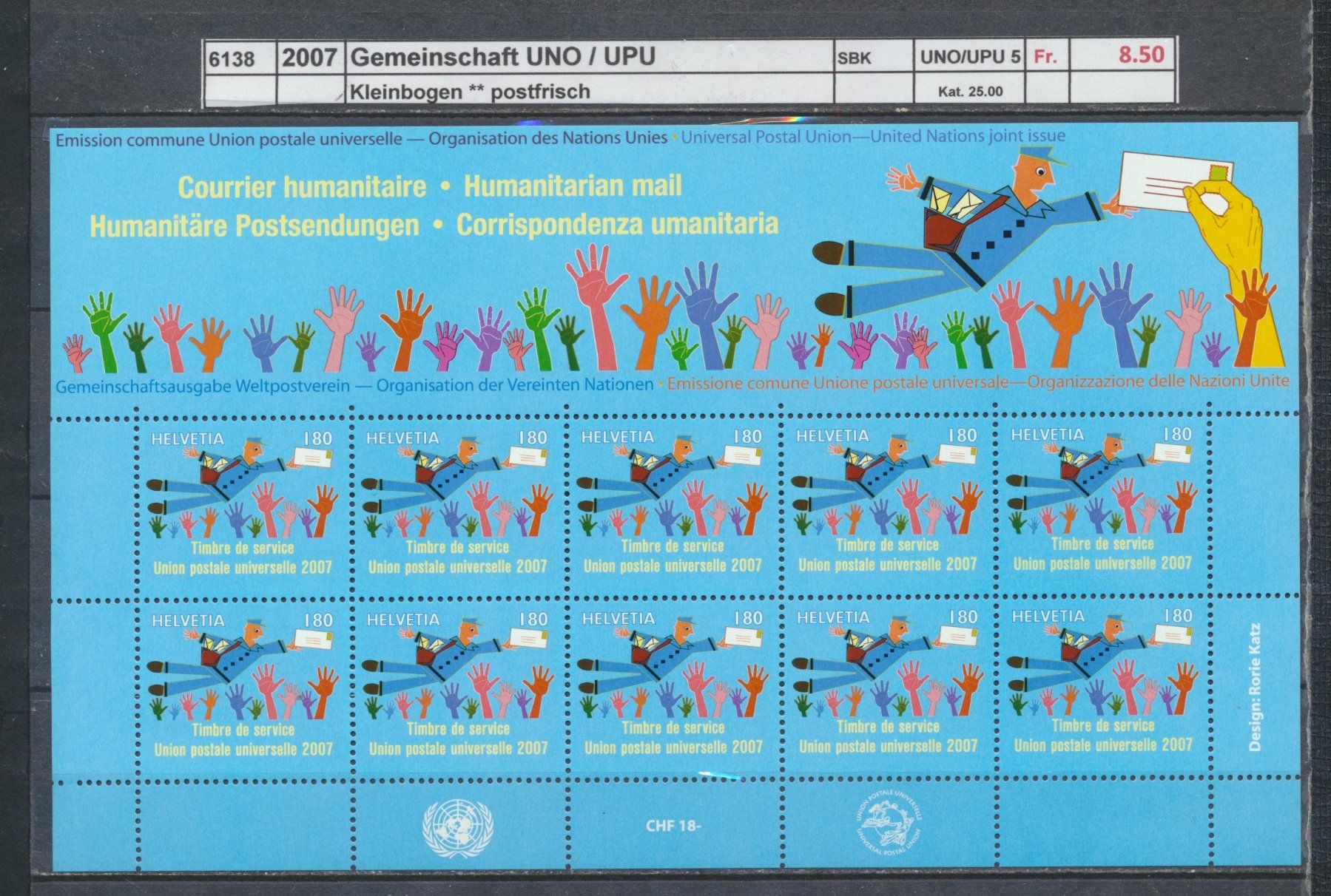 Tous les timbres: 2007 UPU, "Gemeinschaft UNO / UPU", Kleinbogen ** postfrisch – Neuf (Voir description) à Winterthur par Zupogeru
