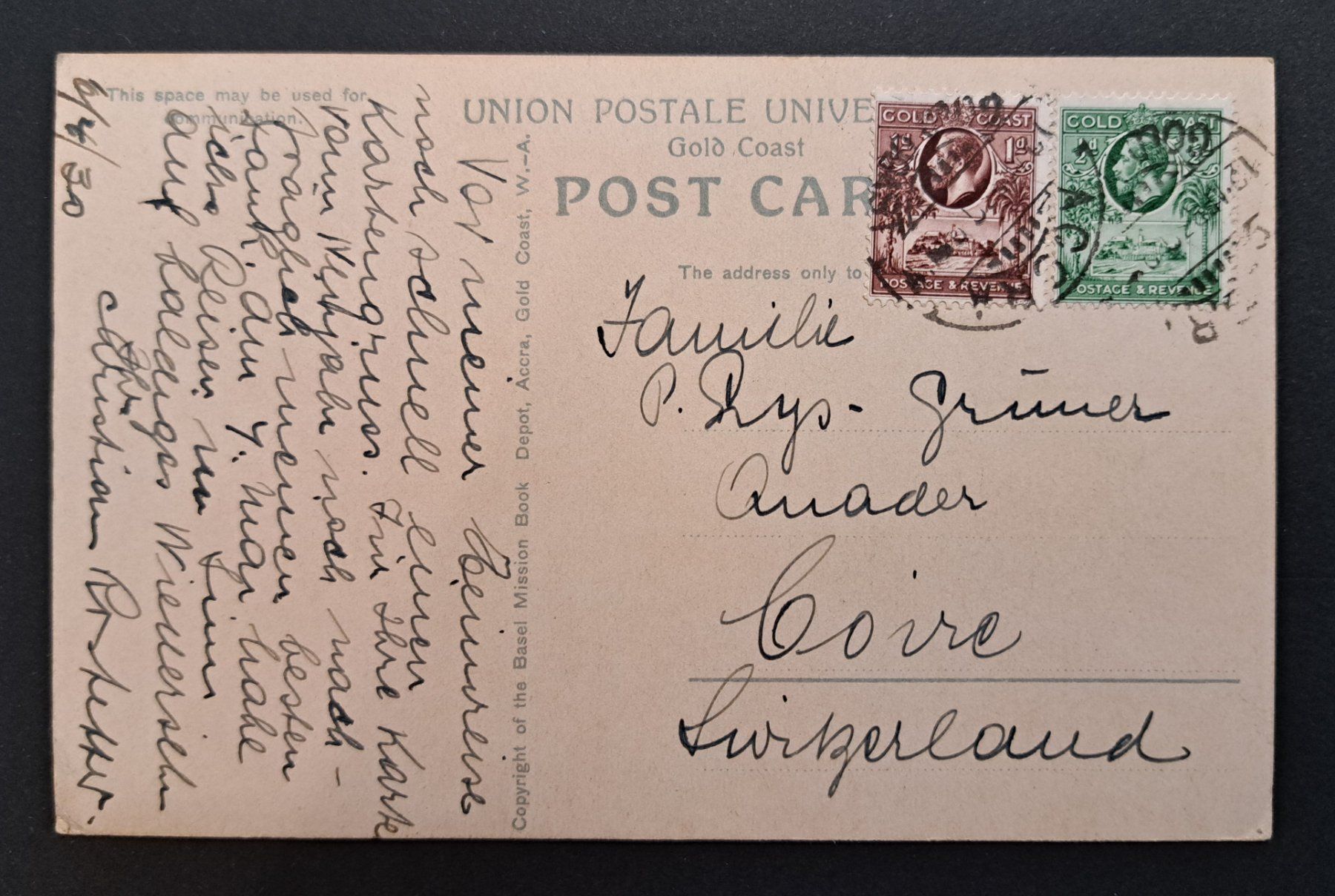 Tutti i francobolli: Ansichtskarte Gold Coast / Ghana 1930 – Usato da Unterägeri venduto da PhilatelieStudiger 1