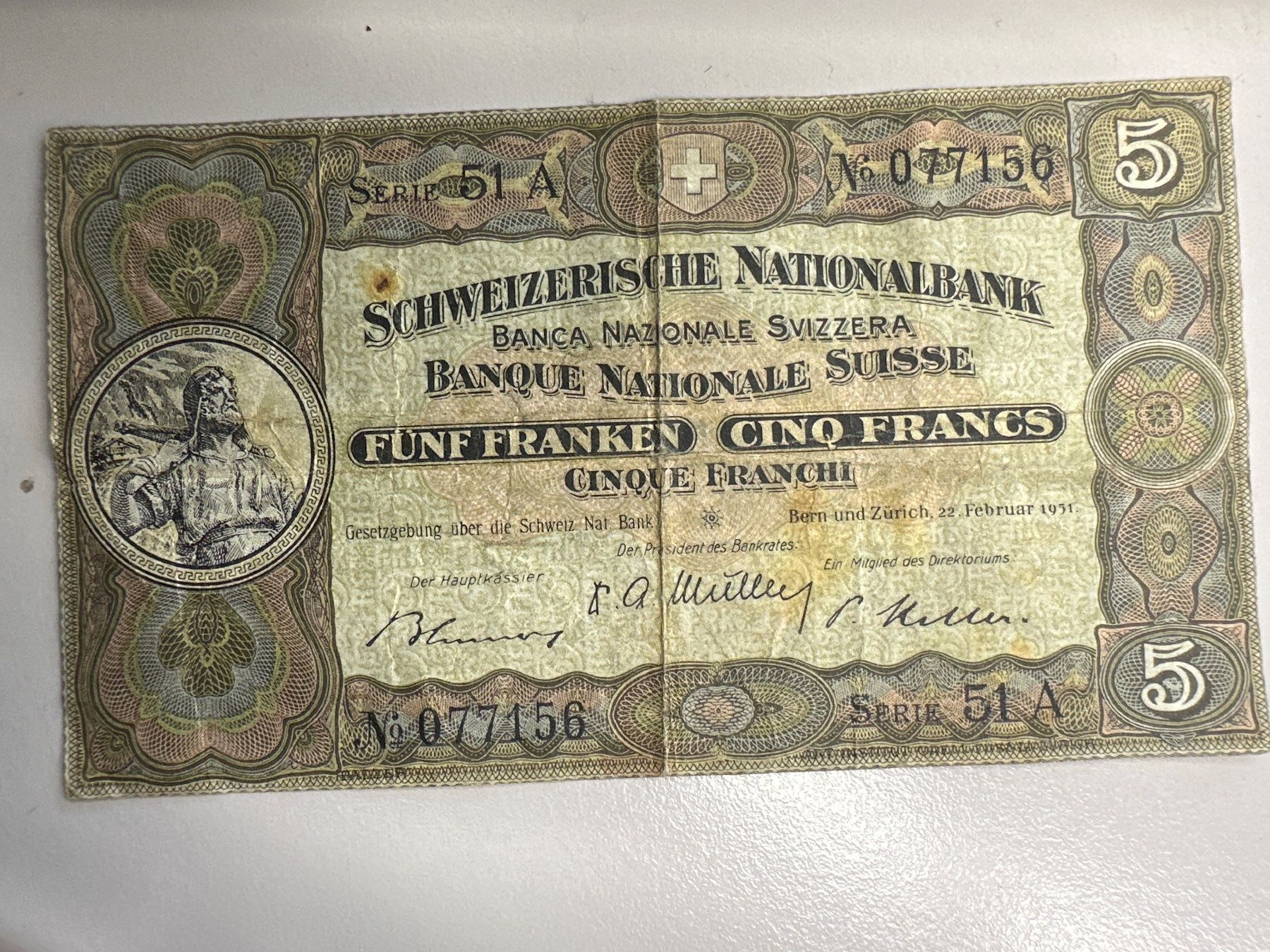 Banknoten: 5 Fr.-Note Schweiz 1951 – Gebraucht aus Herisau von herau