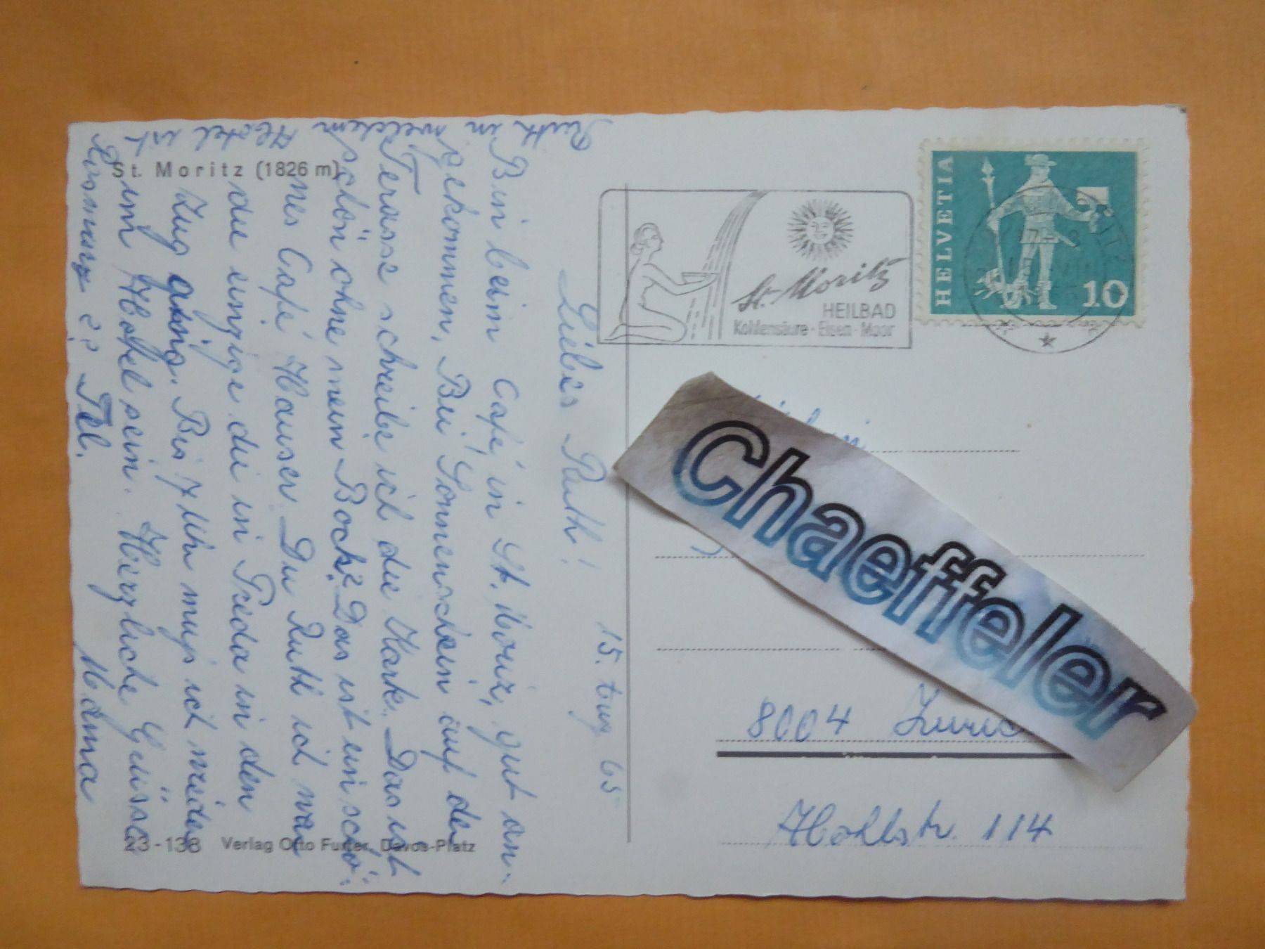 Cartoline postali: 1965 St. Moritz – Usato da Zürich venduto da Chaeffeler 1