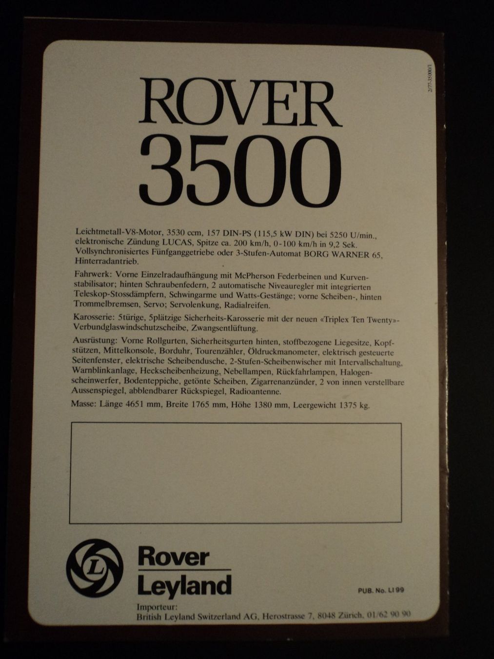 Rover Documenti: Prospekt Rover  3500 1977 – Usato da Schwarzenburg venduto da modelCARama 3