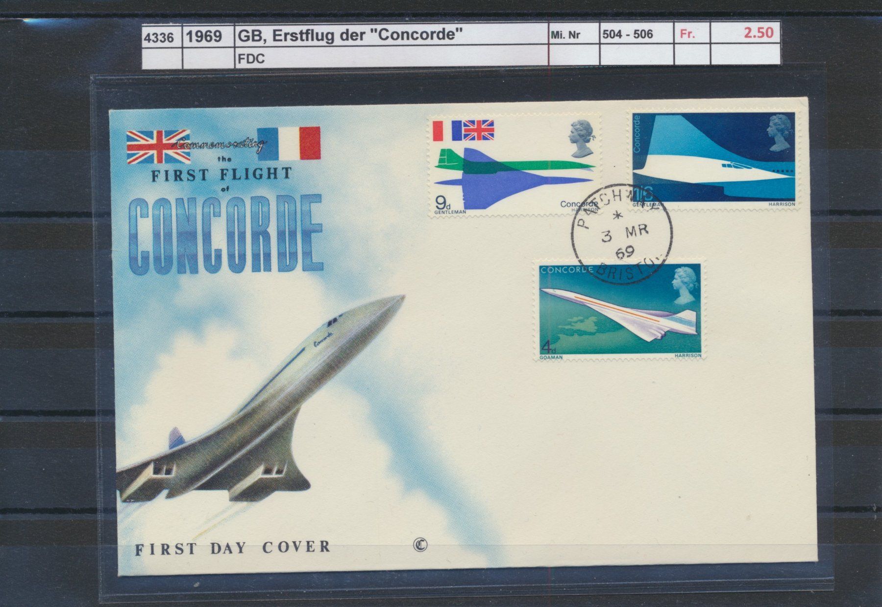 Tutti i francobolli: 1969 GB, Erstflug der "Concorde", FDC – Usato da Winterthur venduto da Zupogeru