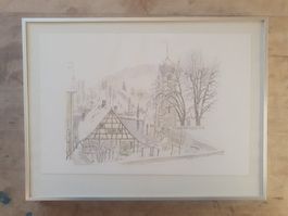 Farbstiftzeichnung Kirche Mit Bauernhaus 40 x 30 cm