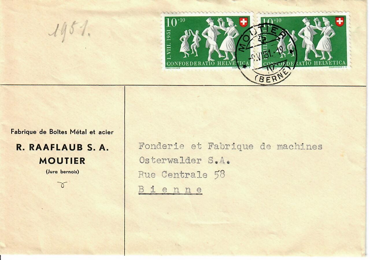 Alle Briefmarken: Brief, R. Raaflaub  Moutier  1951 – Gebraucht aus Hochdorf von Ziegel-16