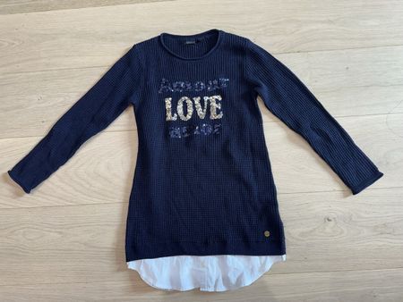 Long pull IKKS 8 ans 126cm Amour Love Amor bleu marine et bl