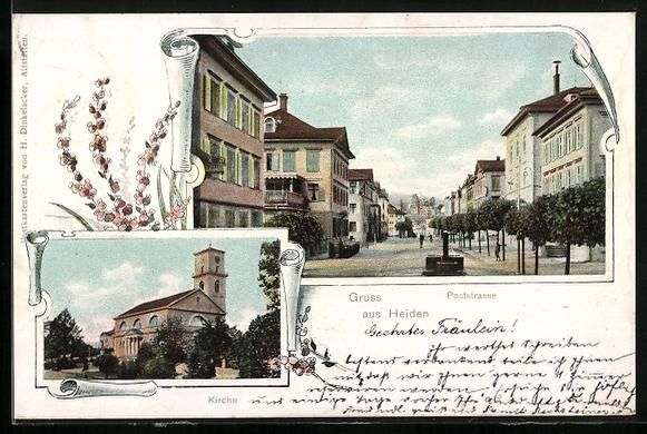 Cartoline postali: Heiden, Poststrasse und Kirche, Passepar – Usato da Berlin venduto da bartko-reher