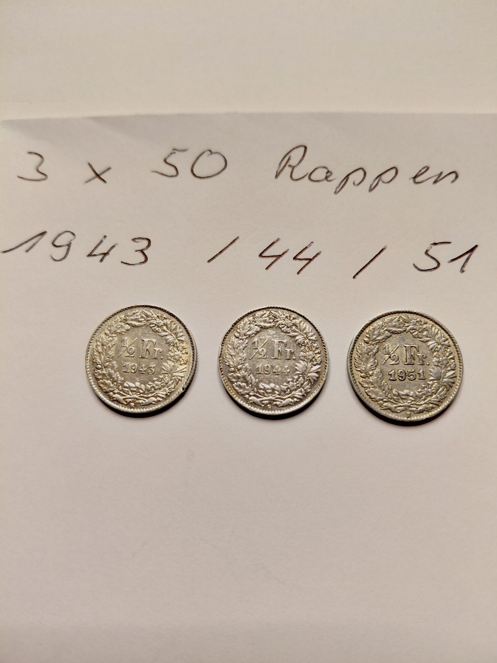 Alle Münzen: 3x 50 Rappen silber 1943, 44, 51 – Gebraucht aus Bonaduz von topolino052